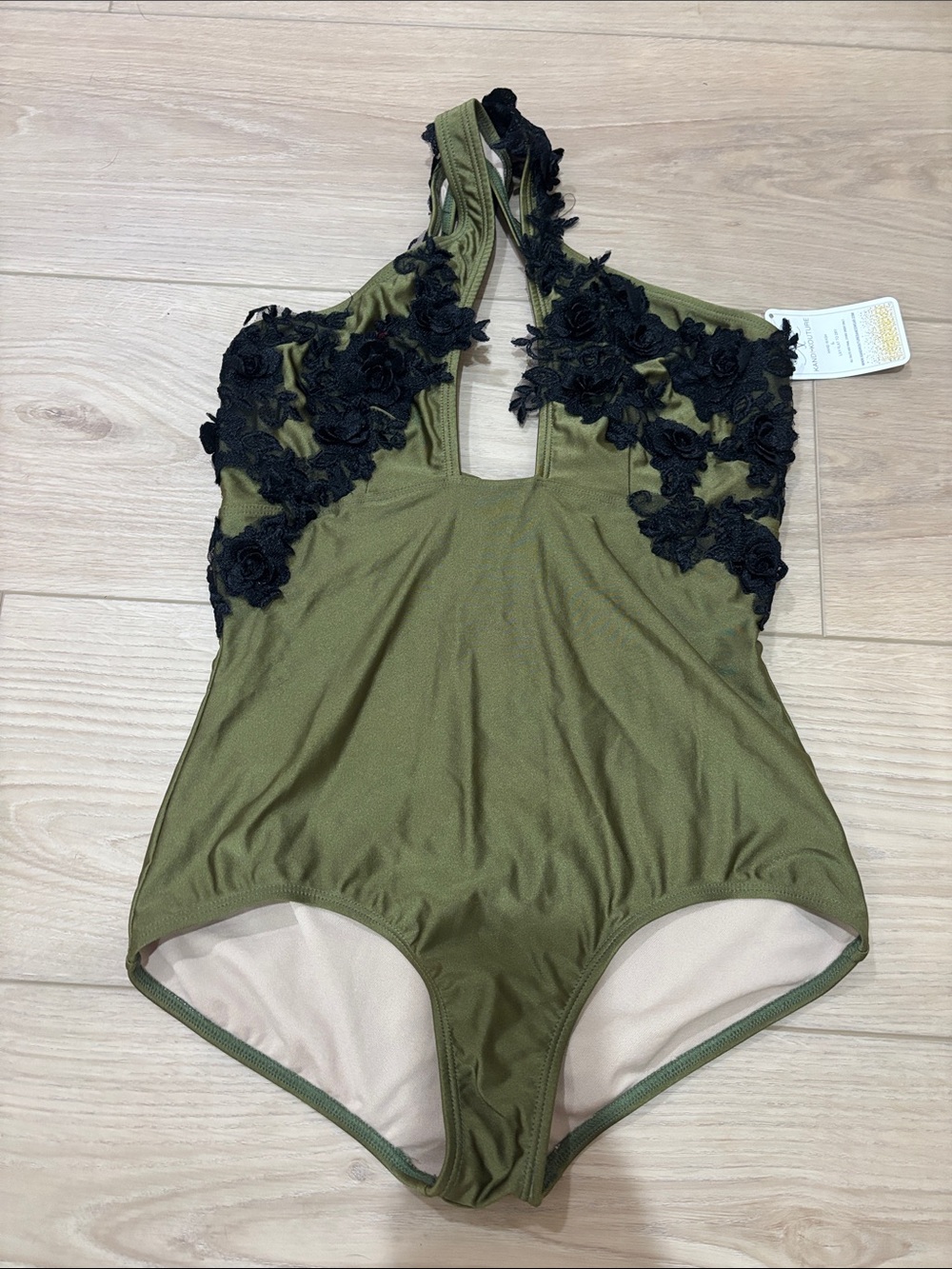 Adult L Green One-Piece Dance Leotard with Black Floral AppliquΓ©